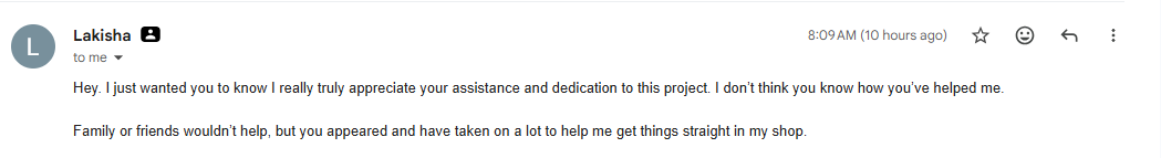 Email message from client Laksha thanking DǝǝPeaçeAɠency for help with her shop